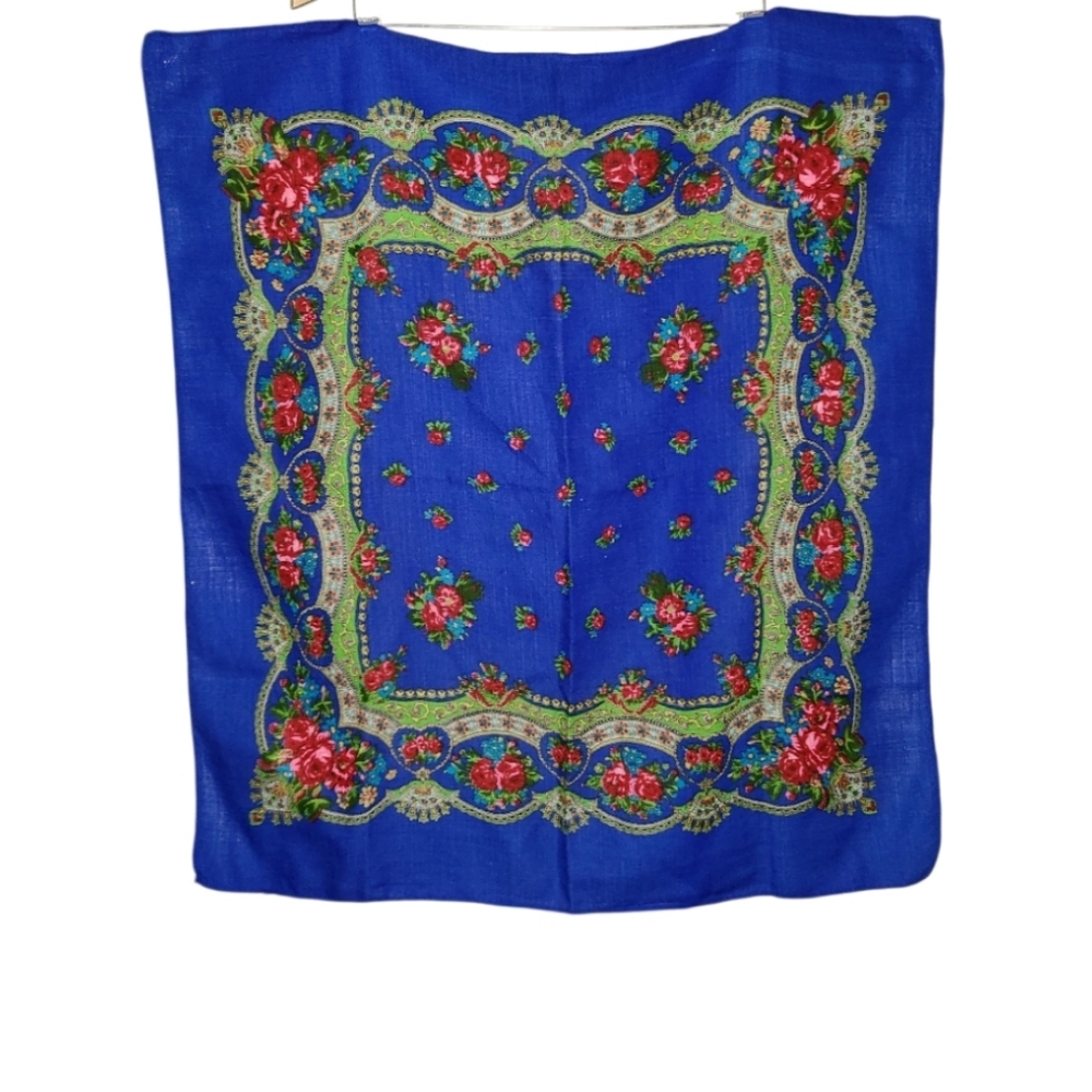Vintage 100% Pure Virgin Wool Scarf Royal Blue Multicolor Red Floral